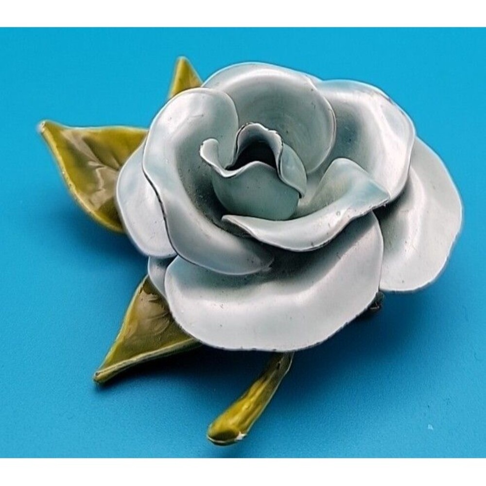 Vintage Hippy Mod Retro 60's Blue Rose 3D Enamel Flower Brooch Pin Spring